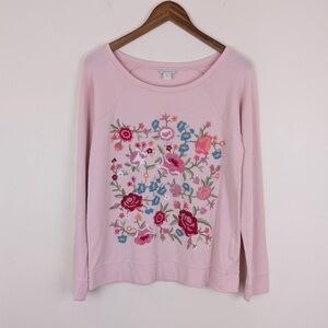 Garnet Hill Embroidered Floral Pink Boho Sweatshirt Top